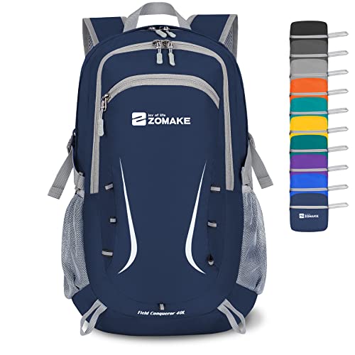ZOMAKE Faltbarer Rucksack 40L,Groß Leichter Rucksäcke Wasserdicht Wanderrucksack Packable Backpack für Damen Herren Outdoor Wandern(Marineblau) von ZOMAKE