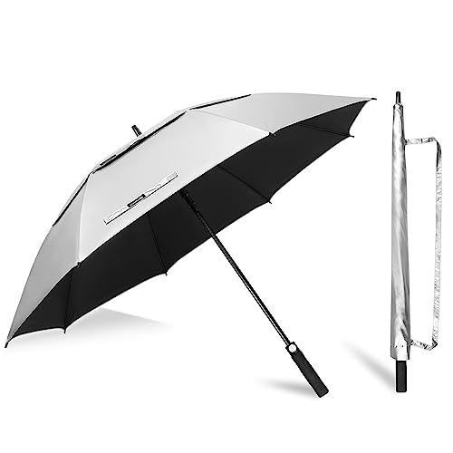 ZOMAKE 62 Inch Golf Regenschirm Sonnenschutz für UV,XXL Großer Winddicht Regenschirm Groß Upf 50 + Selbst öffnend Belüftet,Große Größe Golfschirm Sturmfest für Sonne und Regen(Silber Schwarz) von ZOMAKE