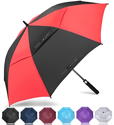 ZOMAKE Regenschirm Sturmfest Groß,XXL Golf Umbrella Stockschirm mit Auf-Zu-Automatik für Herren Damen - Travel Schirm mit Tragegurt(Schwarz/Rot) von ZOMAKE
