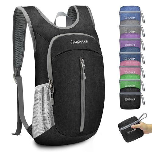 ZOMAKE Tasche 10L Faltbarer Rucksäcke - Kleiner Day Rucksack für Wandern Reisen und Städtetrips,Mini Leichter Rucksack für Damen Herren Kinder und Jugendliche(Schwarz) von ZOMAKE