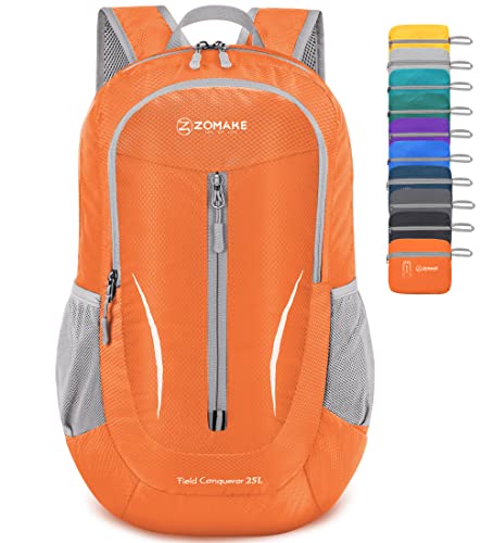 ZOMAKE Ultraleicht Faltbarer Rucksack - Packbare Backpacks 25L,Kleiner Faltbar Rucksäcke Wanderrucksack Wasserdicht für Damen Herren Outdoor Wandern(Orange) von ZOMAKE