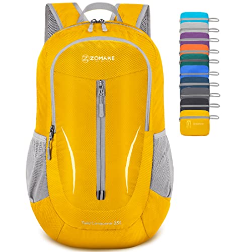 ZOMAKE Ultraleicht Faltbarer Rucksack - Packbare Backpacks 25L,Kleiner Faltbar Rucksäcke Wanderrucksack Wasserdicht für Damen Herren Outdoor Wandern(Gelb) von ZOMAKE