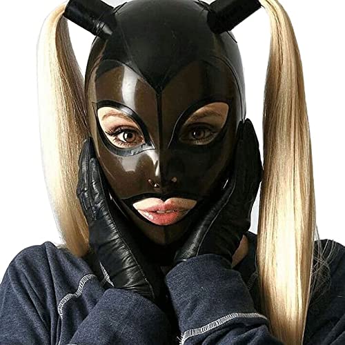 ZOUTYI Latex Mask Rubber Hood Black with Transparent Black 2 Wigs Fetish Open Eye Mounth with Back Zipper Costumes,Schwarz,S von ZOUTYI