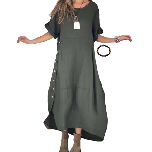 ZPLMIDE Lose Übergröße Baumwolle Leinen Kleid für Frauen Frauen Vintage Baumwolle Leinen Maxikleid Elegant Flowy Oversize Kleid, grün, Small von ZPLMIDE