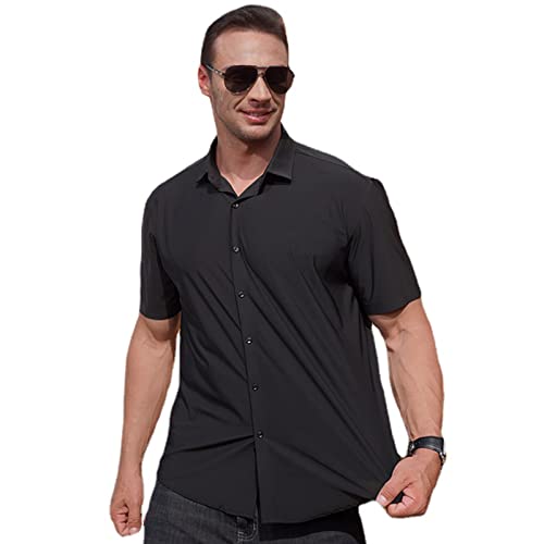 ZPLMIDE M-10XL Herren Stretch Business Shirts, Übergröße, Kurzarm, schmale Passform, formelle Bluse, einfarbige Oberteile (schwarz, 215/8XL (145-160kg)) von ZPLMIDE
