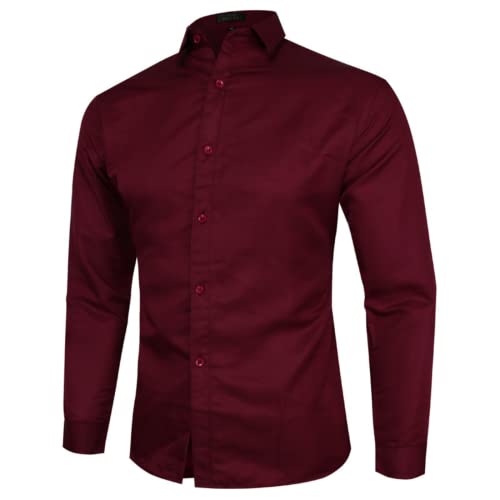 ZPLMIDE S-5XL Herren Stretch Business Shirts, Übergröße Langarm Slim Fit formelle Bluse einfarbige Oberteile (M, Burgunderrot) von ZPLMIDE