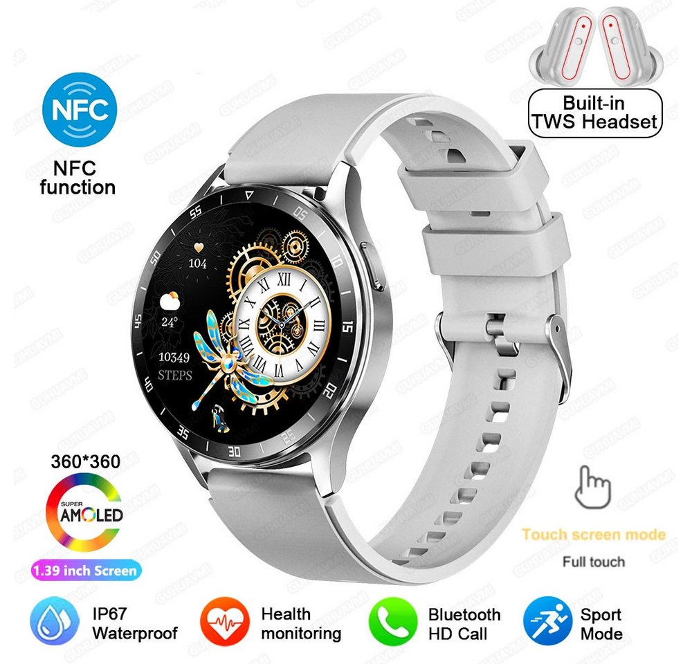 ZREE Smartwatch mit Bluetooth Kopfhörer 2 in 1 Touchscreen Smartwatch (1,32 Zoll), Herzfrequenzmonitor, Schlafmonitor, für iOS Android, NFC -Funktion, Sport Band, FitnessUhr, Fitness Tracker, Gesundheitsfunktionen von ZREE