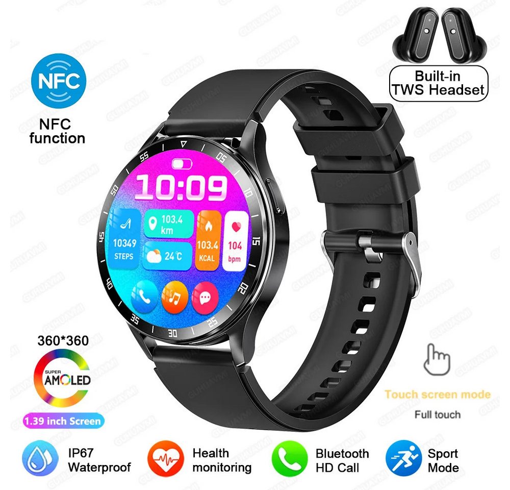 ZREE Smartwatch mit Bluetooth Kopfhörer 2 in 1 Touchscreen Smartwatch (1,32 Zoll), Herzfrequenzmonitor, Schlafmonitor, für iOS Android, NFC -Funktion, Sport Band, FitnessUhr, Fitness Tracker, Gesundheitsfunktionen von ZREE