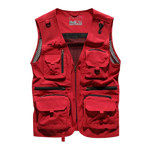 ZTJ-Lighting Herren Anglerjacke, 100% Baumwolle, Quick Dry Gilet, Lässige aushöhlen dünne Jacke, Multi Pocket Weste für Outdoor-Reisen Fotografie Camping Jagd, M-4XL,Rot,L von ZTJ-Lighting