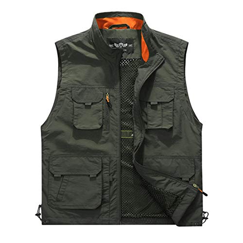 WDBZTJ Herrenweste, Lässige Leichte Outdoor-Jacke mit Multi Taschen, Quick Dry Arbeit Gilet für Safari-Fischen-Foto-Reise-Sommer-Weste,Grün,4XL von WDBZTJ