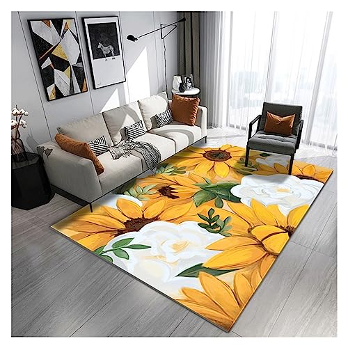 Gelber weißer Blumenteppich, maschinenwaschbarer Wohnzimmerteppich, Heimdekoration, bedruckter Teppich, für Wohnzimmer, Esszimmer, Schlafzimmer, Büro, modernes Zuhause (Farbe: Gelb, Größe: 200 x 300 von ZURBAQD
