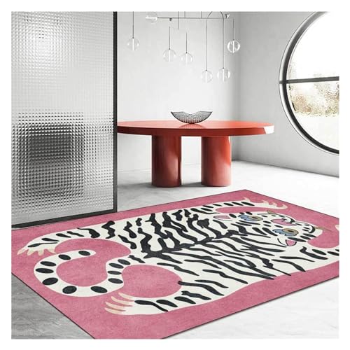 Tiger-Teppich für Wohnzimmer, Boho-Cartoon-Tiger-Druck, moderner, rutschfester, waschbarer Teppich mit Tiermotiv, für Kinderzimmer, Wohnzimmer, Schlafzimmer, Heimdekoration (Farbe: Rosa, Größe: 150 x von ZURBAQD