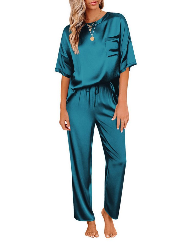 ZWY Trainingsanzug Seidiges Damen-Pyjama-Set, kurzärmeliges Hemd mit langer Pyjamahose von ZWY