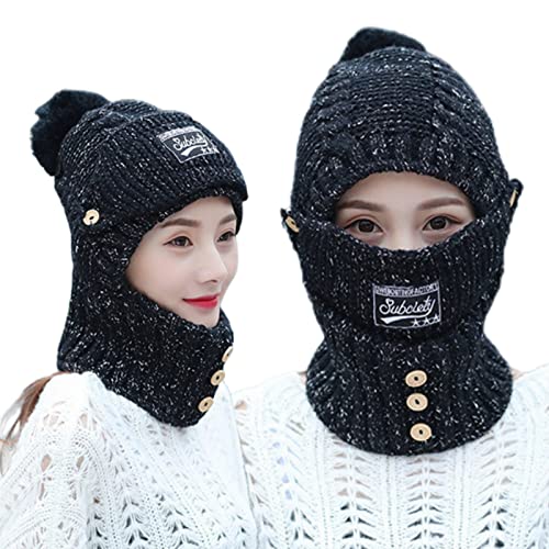 ZXCVB 2 in 1 Mask Scarf Knitted Hat, Winter Hat with Mask, Knitted Hat with Ear Protectors for Women Kids (Black) von ZXCVB
