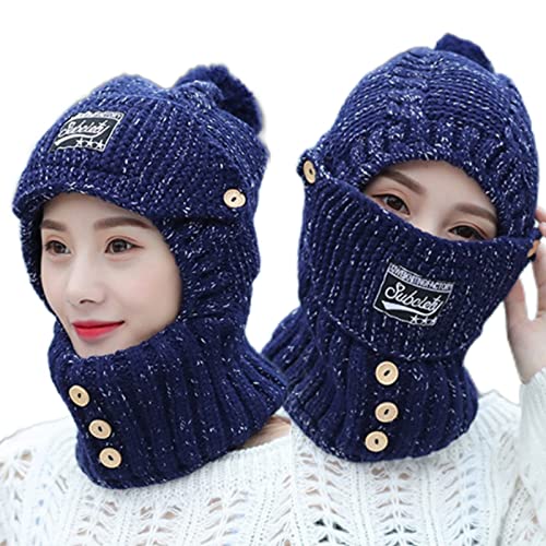 ZXCVB 2 in 1 Mask Scarf Knitted Hat, Winter Hat with Mask, Knitted Hat with Ear Protectors for Women Kids (Navy Blue) von ZXCVB