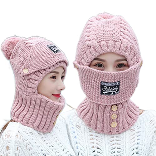 ZXCVB 2 in 1 Mask Scarf Knitted Hat, Winter Hat with Mask, Knitted Hat with Ear Protectors for Women Kids (Pink) von ZXCVB