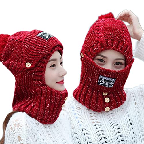 ZXCVB 2 in 1 Mask Scarf Knitted Hat, Winter Hat with Mask, Knitted Hat with Ear Protectors for Women Kids (Red) von ZXCVB