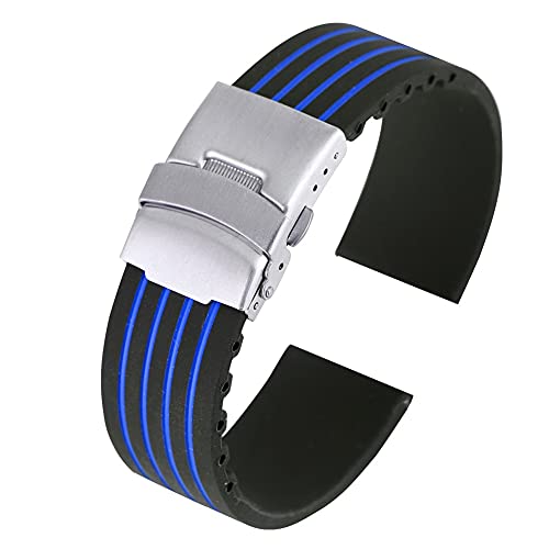 ZXF Uhrenarmband, Blau Ersatz Armband 20MM 18MM 24MM 22MM Silikon Armband Faltschließe wasserdichte Armbanduhr Band Silikon Gummi Uhrenarmband (Color : Blau, Size : 22mm) von ZXF