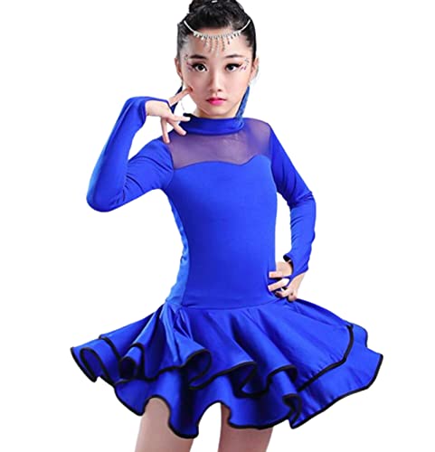 ZYLL 2022 Mädchen Latein Kleider zum Tanzen Gesellschaftstanz Kleid Rumba Samba Samt Kinder Samba Cha Cha Tango Rock Standard Salsa,Blau,160 von ZYLL