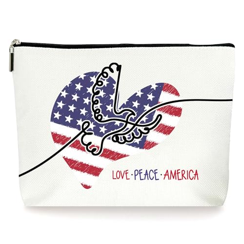 ZYQFN Make-up-Tasche "Love·Peace·America", Kosmetiktasche, amerikanische Flagge, Geschenke zum Geburtstag, Muttertag, Weihnachtstag, Unabhängigkeitstag, für Frauen, Freunde, Schwestern, Damen, von ZYQFN