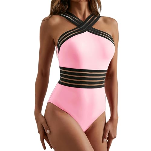 ZZZOLX Bikini Damen Set Frauen EIN Stück Badeanzug Mesh Spleißen Badebekleidung Push Up Badeanzüge Solid Halfer Beachbekleidung Bodysuit-rosa-XL von ZZZOLX