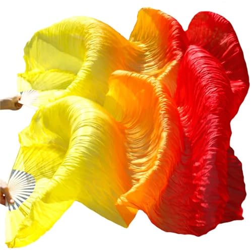 Bauchtanz-Fächer mit Farbverlauf, Seidenimitat, Bauchtanz-Requisiten, lange Fächer, Gelb + Orange + Rot, 1 Paar, D 150 x 90 cm von Zadaos