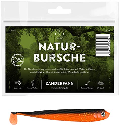 Zanderfang - 4 Gummifische zum Zanderangeln mit Gummifisch - Naturbursche schwarz-orange 12,5 cm von Zanderfang