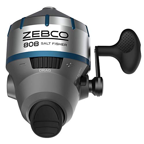 Zebco 808 Salzwasser Spincast Angelrolle, Edelstahlspulenabdeckung mit ABS-Einsatz, Quickset Anti-Reverse- und Bisswarnung, vorgespult mit 9,1 kg Cajun-Angelschnur, Größe 80, Silber von Zebco