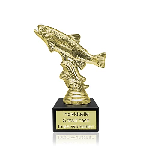 Angler Pokal mit Gravur Wunschtext | Angeln Geschenk | Fischfigur als Pokal in Gold | Trophäe für Angler | Wanderpokal fürs Angeln | Pokal Gold mit Gravur | Fisch als Design Trophy (Forelle Gold) von Zelaro