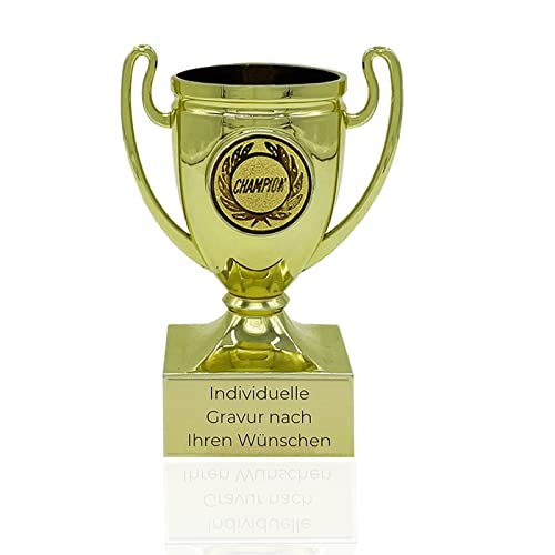 Pokal mit Gravur Wunschtext | Pokale Kindergeburtstag | Henkelpokal als Geschenk für Kinder, Frauen und Männer mit Embleme | Wanderpokal für jeden Anlass | Trophäe Mini Pokal in DREI Farben (Gold) von Zelaro