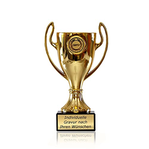 Zelaro Pokal in Gold mit Wunschtext - Trophäe für Kinder - Henkelpokal als Geschenk für Frauen und Männer mit Embleme DREI Größen (19cm) von Zelaro