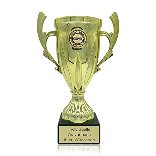 Zelaro Pokal mit Gravur Wunschtext | Pokale als Geschenk für Männer, Frauen und Kinder | Wanderpokal Bierpong und Tippspiel | Henkelpokal in Vier Größen (Gold 14cm) von Zelaro
