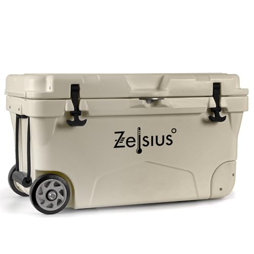 Zelsius Kühlbox 50 Liter mit Räder | Beige | Coolbox | Fahrbare Cooling Box ideal für Auto Camping Urlaub Angeln Freizeit Outdoor | Thermobox für Warm und Kalt von Zelsius
