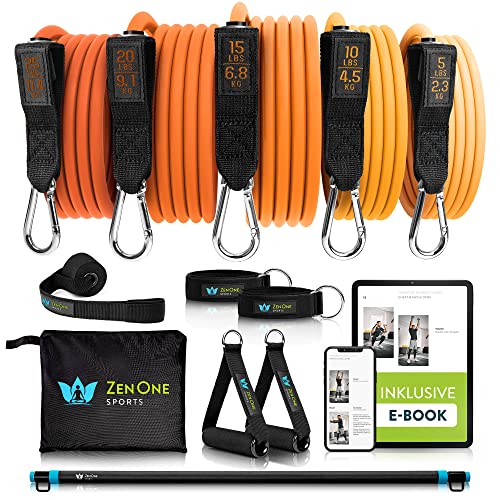 ZenOne Sports Resistance Fitness Bands - robuste Fitnessbänder - 5 Widerstandsbänder - Home Workout Expander-Set - Sport-Gummiband (Orange + ZenBar) von ZenOne Sports