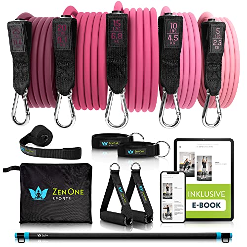 ZenOne Sports Resistance Fitness Bands - robuste Fitnessbänder - 5 Widerstandsbänder - Home Workout Expander-Set - Sport-Gummiband (Pink + ZenBar) von ZenOne Sports