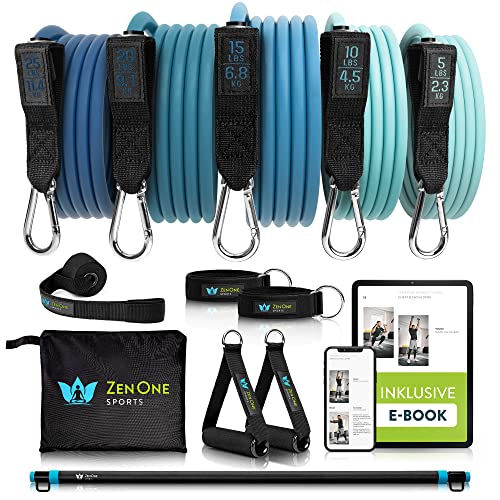 ZenOne Sports Resistance Fitness Bands - robuste Fitnessbänder - 5 Widerstandsbänder - Home Workout Expander-Set - Sport-Gummiband (Blau + ZenBar) von ZenOne Sports