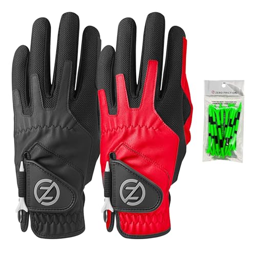 Zero Friction Herren Kompressions-Passform Synthetisch Linke Hand Universal-Passform Golfhandschuh 2 Packung, Einheitsgröße, Schwarz/Rot von Zero Friction