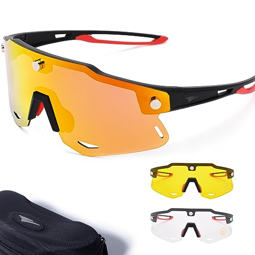 Zetterrank Fahrradbrille Herren mit 3 Magnetische Wechselgläser, UV 400 Sportbrille Herren,Fahrrad Brillen Herren,Fahrradbrille Damen,Rennrad Brille,Sonnenbrille Sport.(Rot) von Zetterrank