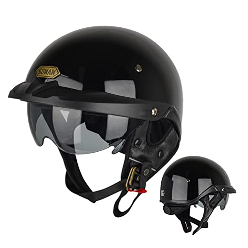 Halbhelme Motorradhelm Halbschalenhelm ECE Genehmigt Brain-Cap Offenem Helm Scooter-Helm Mit Eingebautem Visier Retro Jethelm Halbschale Roller-Helm Für Herren Damen B,L von ZhangHai