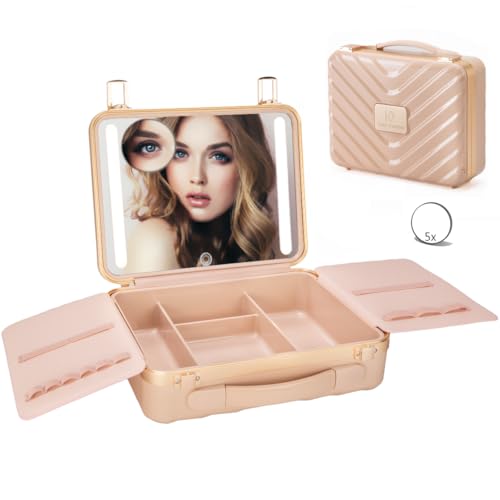 ZhenGuiRu Reise-Make-up-Tasche mit beleuchtetem Spiegel, Make-up-Tasche, 3 Farbeinstellungen, Kosmetiktasche, Organizer, verstellbare Helligkeit, tragbare Make-up-Aufbewahrungsbox für Make-up-Pinsel, von ZhenGuiRu