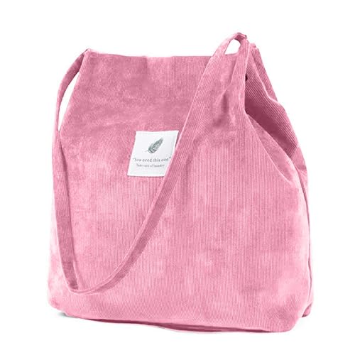 ZhengYue Damen Handtasche Groß Canvas Tasche Damen Cord Umhängetasche Henkeltasche Shopper Damen für Uni Arbeit Mädchen Schule (Light Pink) von ZhengYue
