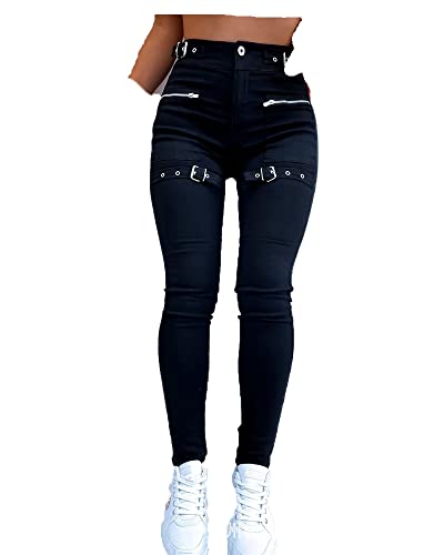 Zhuxuan Frauen Reißverschluss Design Öse Schnallen Hohe Taille Reißverschluss Leder Skinny Pants Lässige Schnalle PU-Hose (Black,XL) von Zhuxuan