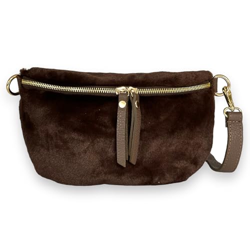 Plüsch Bauchtasche Damen Teddyfell Crossbody Bag Hüfttasche Gürteltasche Schultertasche Goldene Karabiner (Dunkelbraun) von Ziona