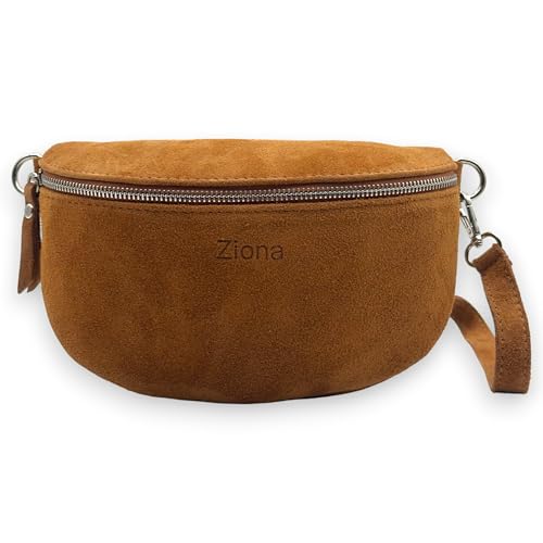 Wildleder Bauchtasche Damen Crossbody Bag Velours Gürteltasche Hüfttasche Bodybag Schultertasche Silberner Reißverschluss (Cognac) von Ziona