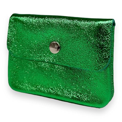 Ziona Portemonnaie Damen klein Leder mit Münzfach und Knopf Mini Geldbörse Brieftsche Geldbeutel Echtleder (Metallic-Grün) von Ziona