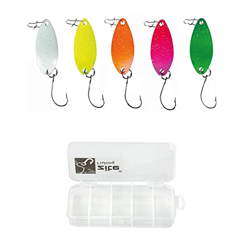 Zite Fishing Trout-Spoon-Set Neon Forellen-Angeln - 5 Forellen-Blinker Ultra-Light in Köder-Box - 4 x UV-Aktiv - 3,5cm 3g von Zite