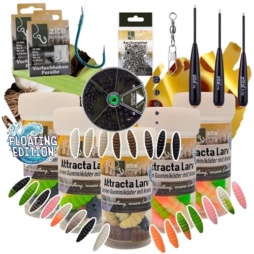 Zite Fishing Attracta Larv Starterset Floating | Auftreibende Montage + Zubehör | Forellenköder, Bodentaster, Vorfach-Haken, Gummiperlen, Wirbel | Gummiköder Larvenimitat mit Flavour Käse & Knoblauch von Zite