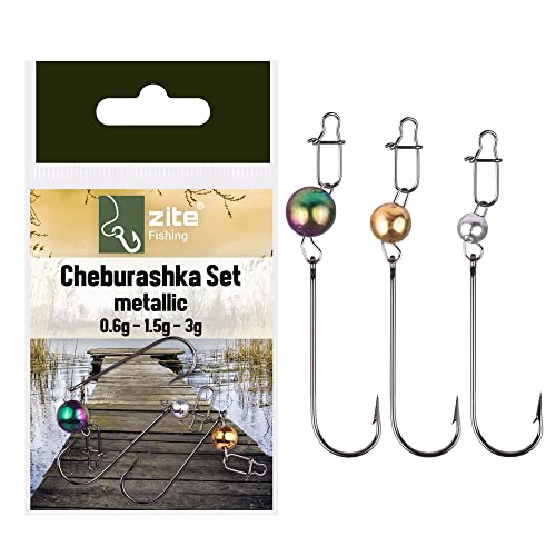 Zite Fishing Cheburashka-Set Metallic | Snap-Wirbel & Chebu Kugelgewicht - 0,6-3g | UL Tungsten Montagen mit Forellenhaken | Gummiköder-Rigs Forellen-Angeln (3 Stück) von Zite