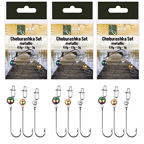 Zite Fishing Cheburashka-Set Metallic | Snap-Wirbel & Chebu Kugelgewicht - 0,6-3g | UL Tungsten Montagen mit Forellenhaken | Gummiköder-Rigs Forellen-Angeln (9 Stück) von Zite