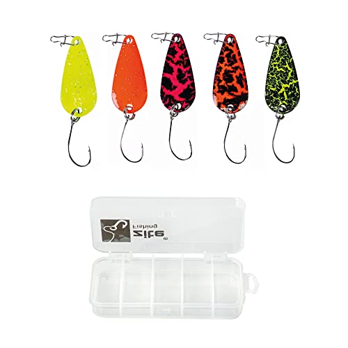 Zite Fishing Forellen-Blinker-Set Neon - 5 Stück 3cm 3g - Fängige Ultra Light UV-Angelköder mit Einzelhaken in Trout-Spoon Köder-Box von Zite